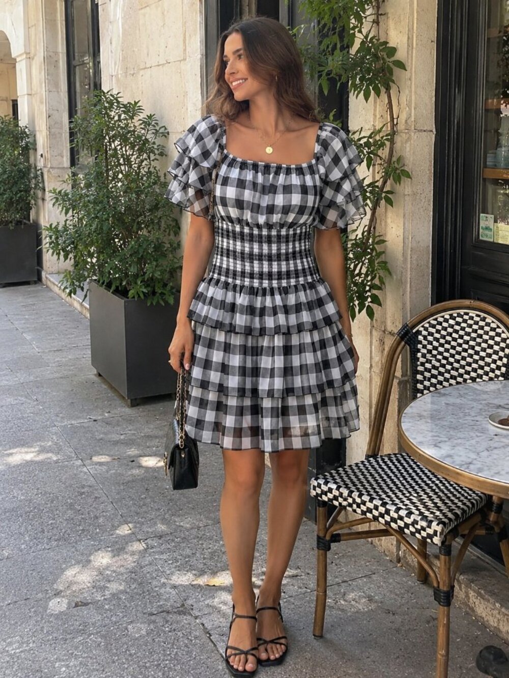 Bellevue Black White Checker Short Sleeve Casual Bethany Mini Dress Smock Waist